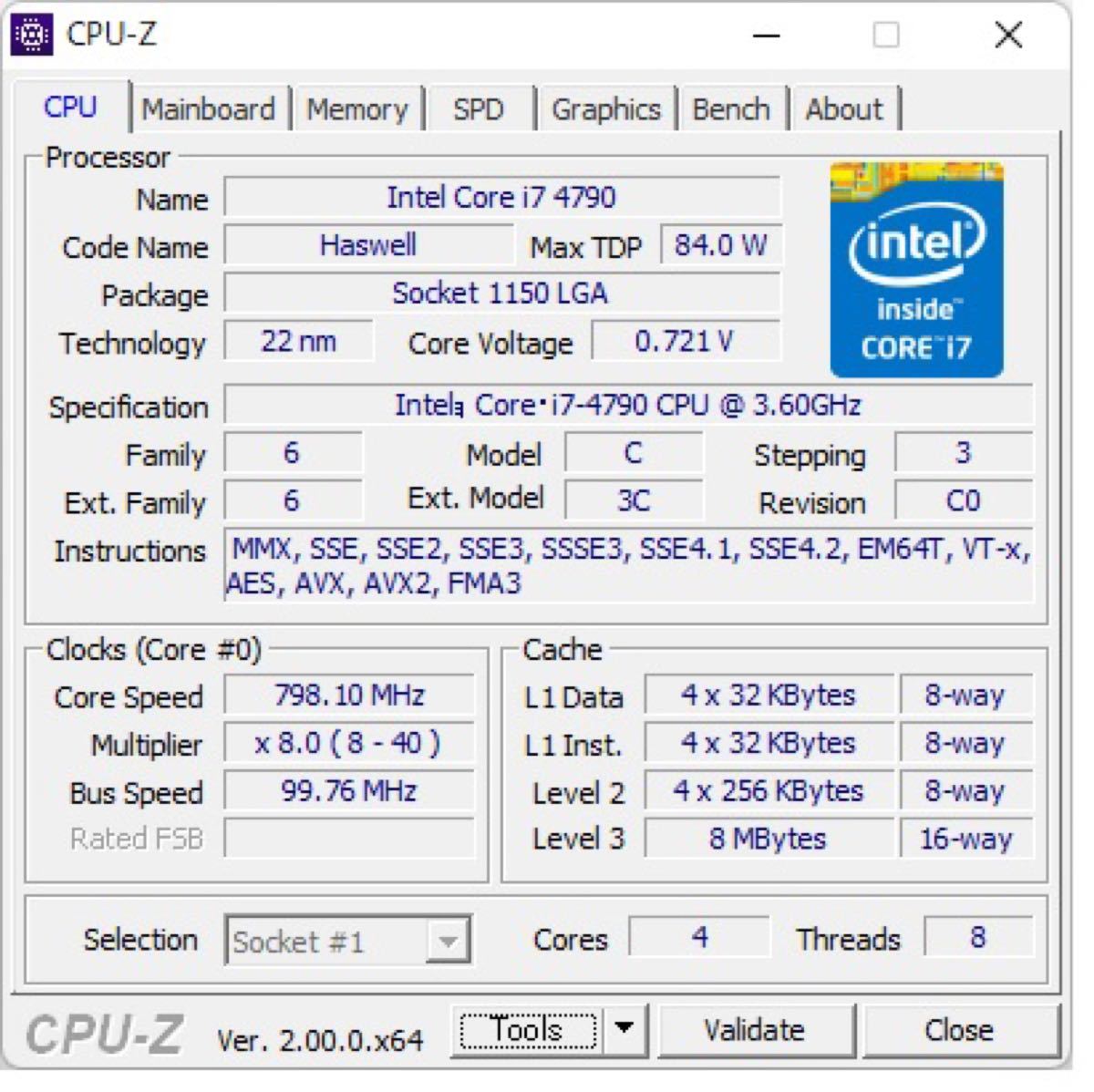 Intel Core i7-4790 CPU SR1QF 3.60GHz (LGA1150,4コア8スレッド)動作
