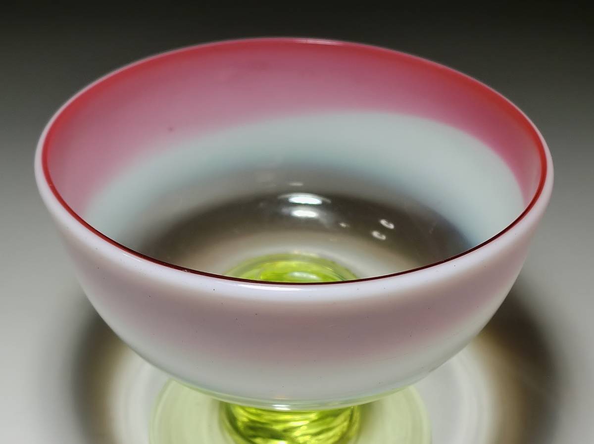 ◇大正~昭和初期//和硝子 縁桃赤乳白青暈し三色 ◇大正~昭和初期//和硝子 縁桃赤乳白青暈し三色