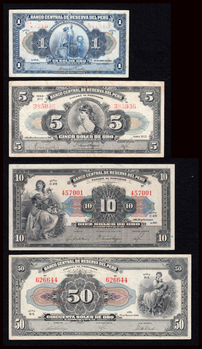 Pick#65-68A/ペルー紙幣 1～50ソル 4種セット！（1935-44）American Bank Note Co.[976]_画像1