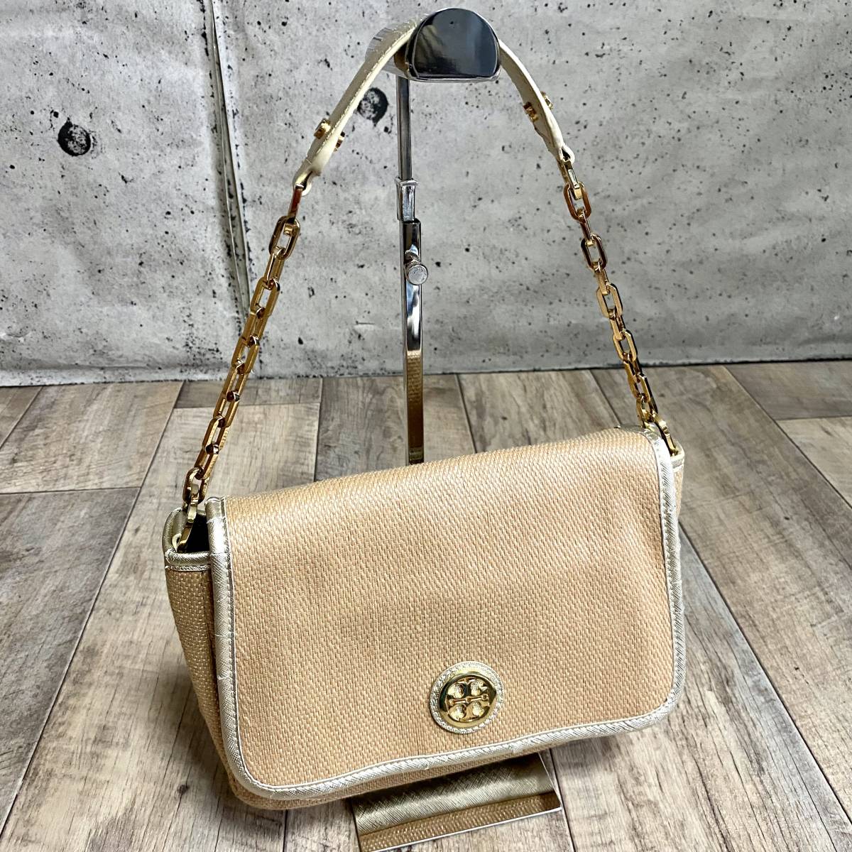 本物☆TORY BURCH トリーバーチ ラフィア チェーンショルダーバッグ チェーンバッグ ベージュ ハンドバッグ かごバッグ ミニ トート バッグ_画像1