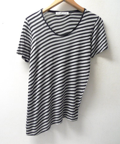 *SHIPS JET BLUE Ships made in Japan diagonal border asimeto Lee rayon T-shirt gray & black size S