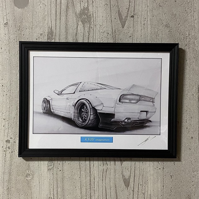 日産 NISSAN 180SX カスタム【鉛筆画】名車 旧車 イラスト A4サイズ 額付き サイン入り_画像7