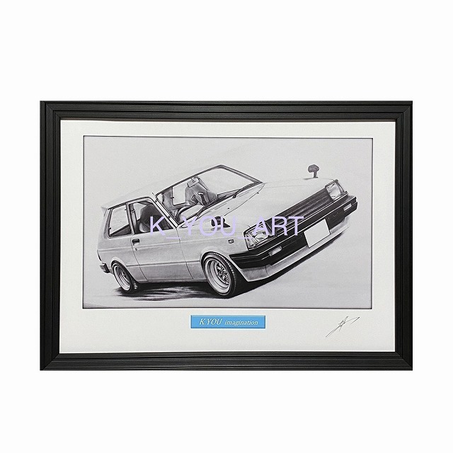  Toyota TOYOTA KP Starlet [ pencil sketch ] famous car old car illustration A4 size amount attaching autographed 