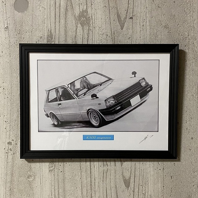  Toyota TOYOTA KP Starlet [ pencil sketch ] famous car old car illustration A4 size amount attaching autographed 