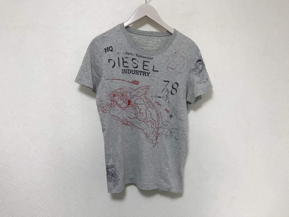 本物ディーゼルインダストリーDIESELコットンマップ地図プリントクルーネック半袖TシャツメンズグレーSサーフミリタリー