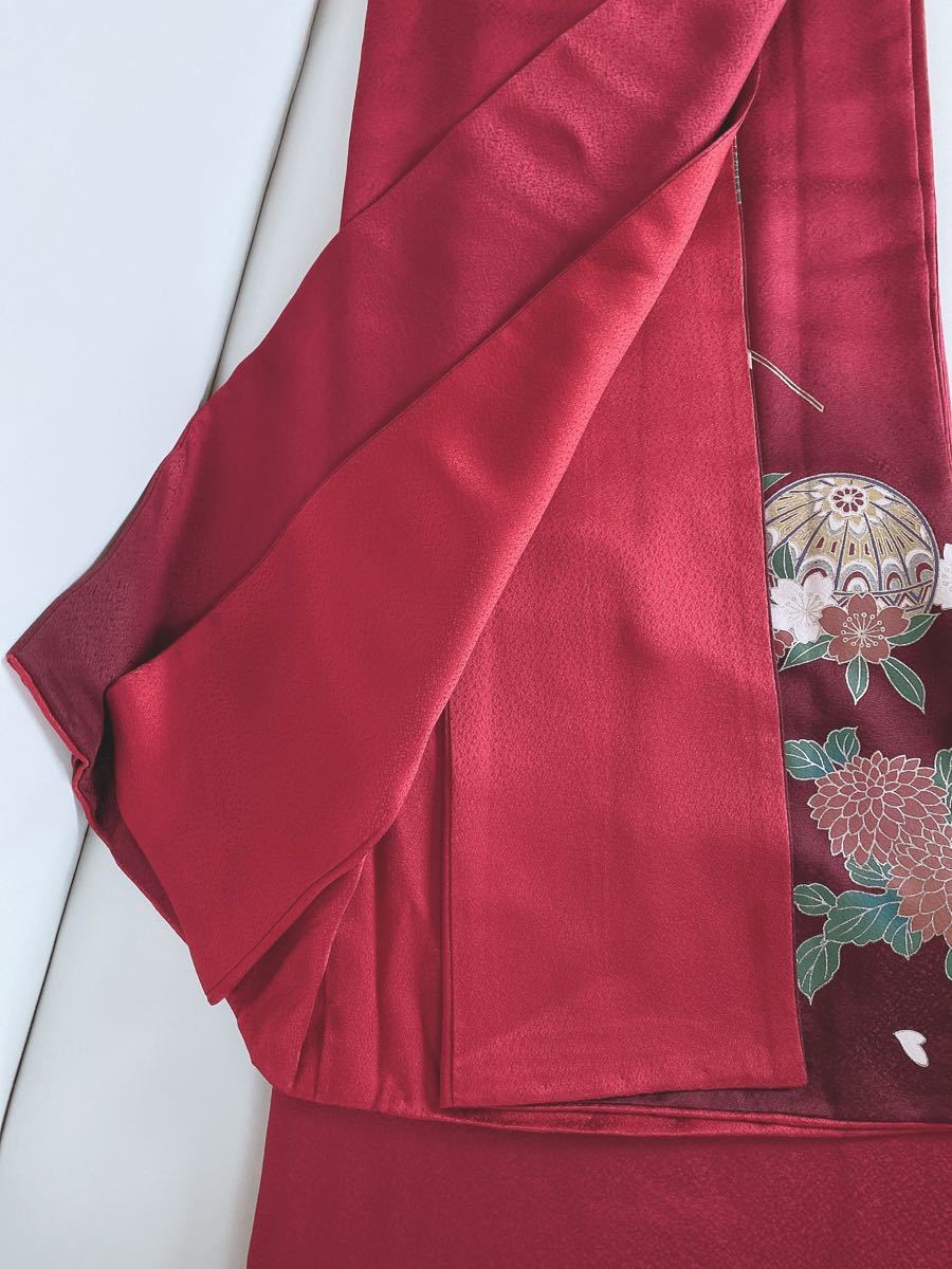 ブラウン×ピンク 極美品！振袖着物（レッド）・袋帯・専用の長襦袢・帯揚げ・帯締めの5点セット