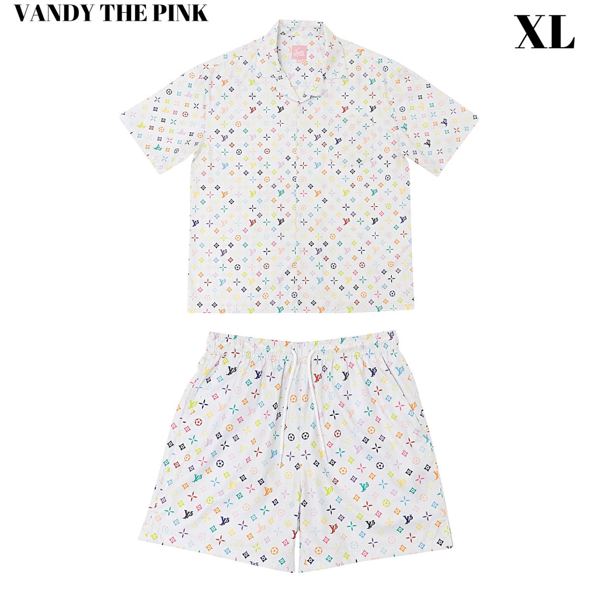 品質重視 XL 新品【VANDY THE PINK VP MONOGRAM HAWAIIAN SET UP / WHT RAINBOW モノグラム セットアップ 半袖シャツ ショートパンツ ハーフパンツ