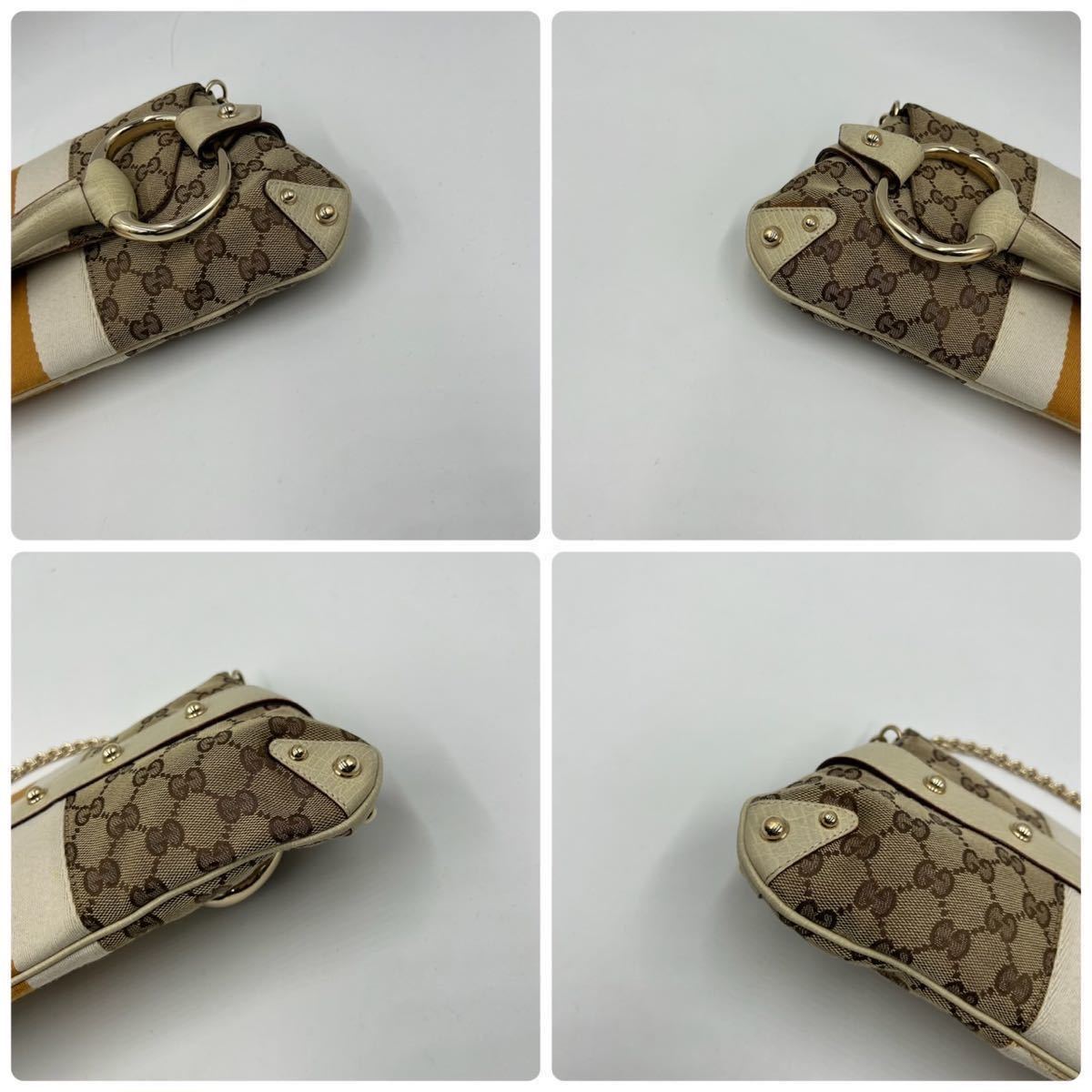 1円●未使用級● GUCCI グッチ ホースビット アクセサリーポーチ チェーン ハンドバッグ 金具 シェリーライン GG ブラウン イエロー 茶色_画像7