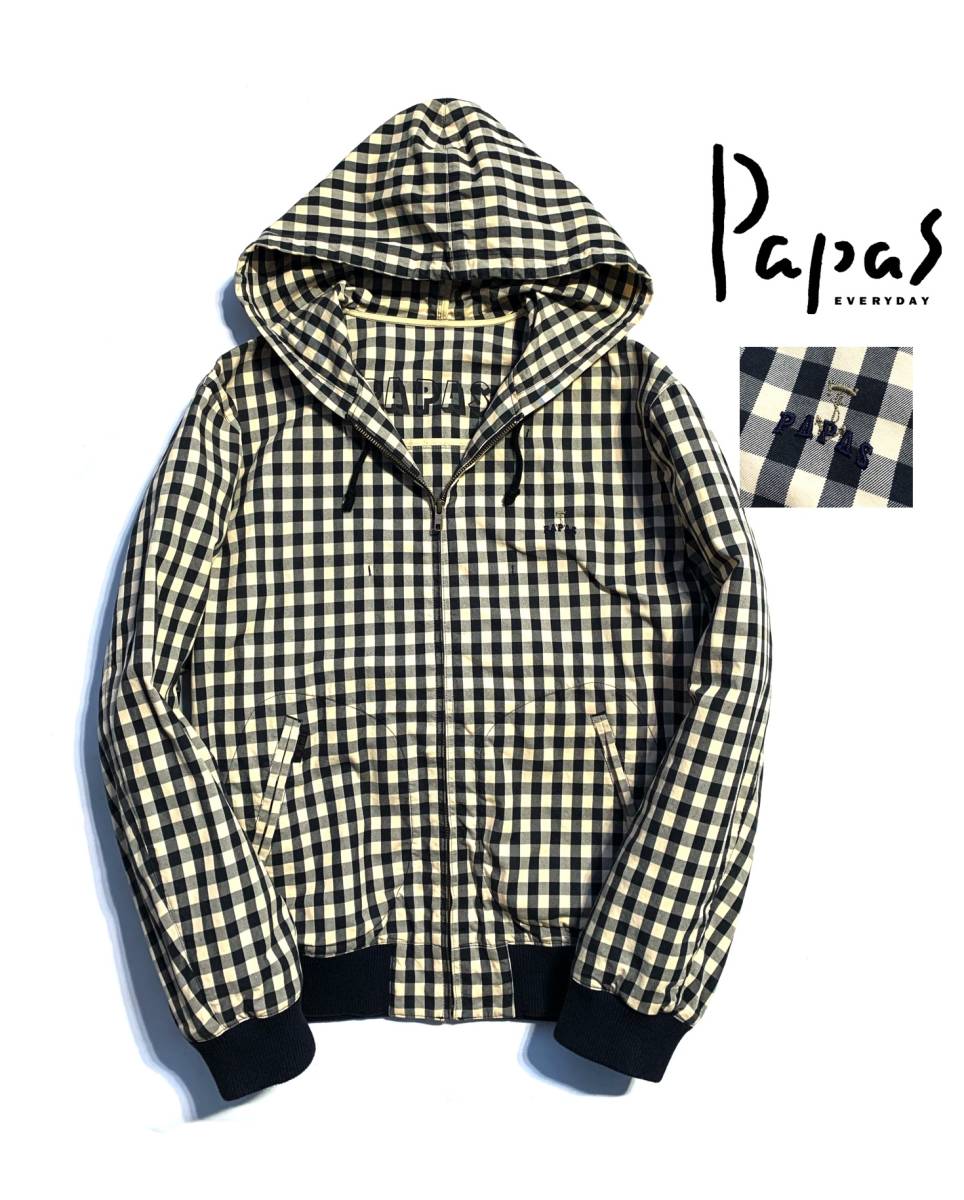 美品【最高級】Papas パパス チェック フードジャケット M (48) パーカー ロゴ刺繍 ロゴプリント 日本製 コットン 春にオススメの一着