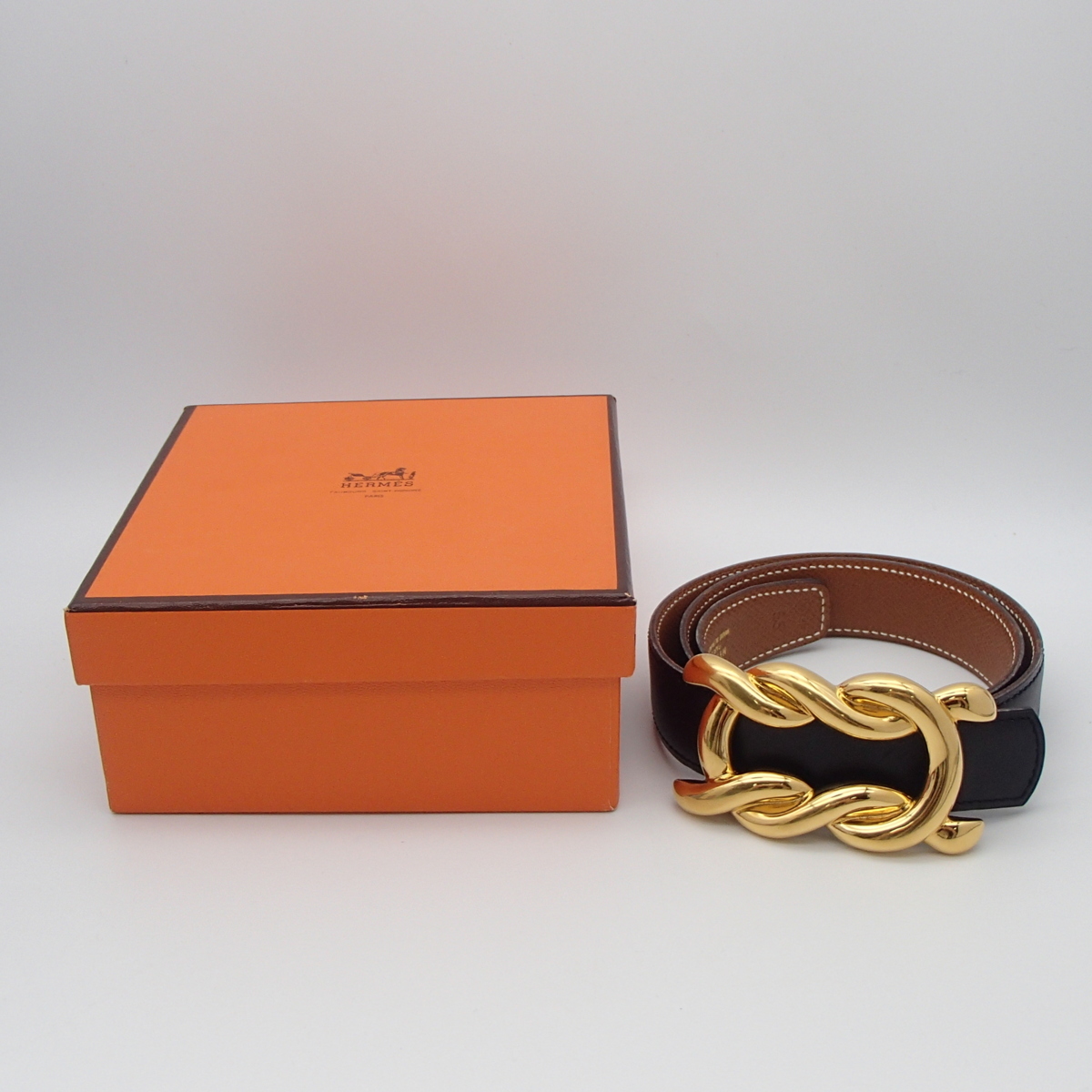 ◎エルメス HERMES ベルト 約80㎝ ブラック×ブラウン 箱付◎SG