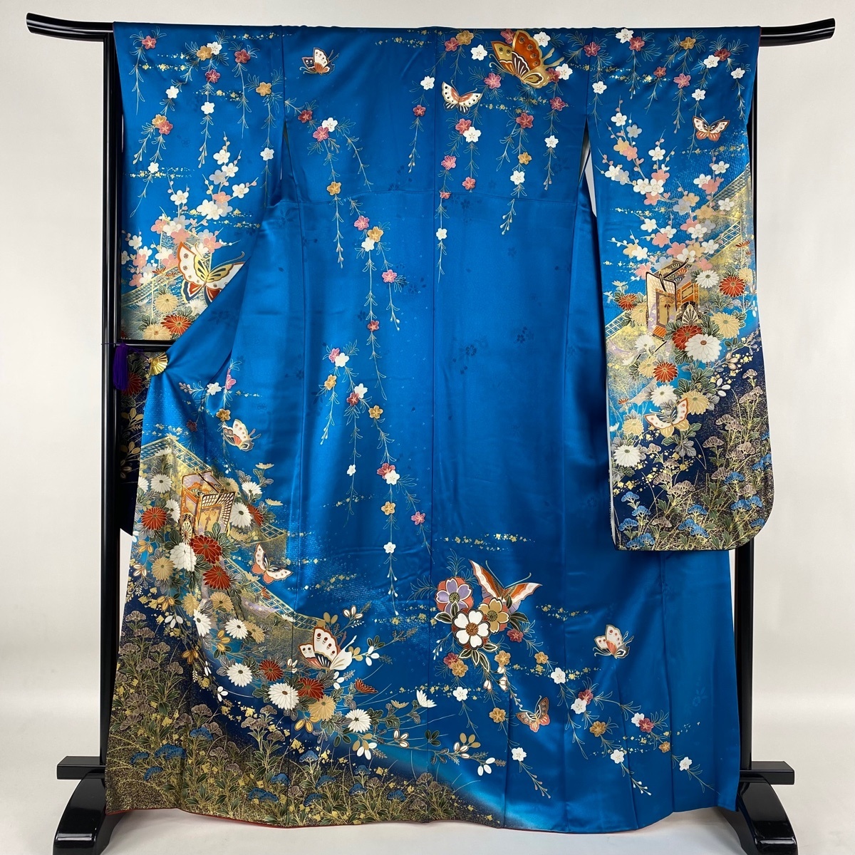 振袖 美品 名品 御所車 草花 金糸 金彩 青 袷 身丈166cm 裄丈66cm M
