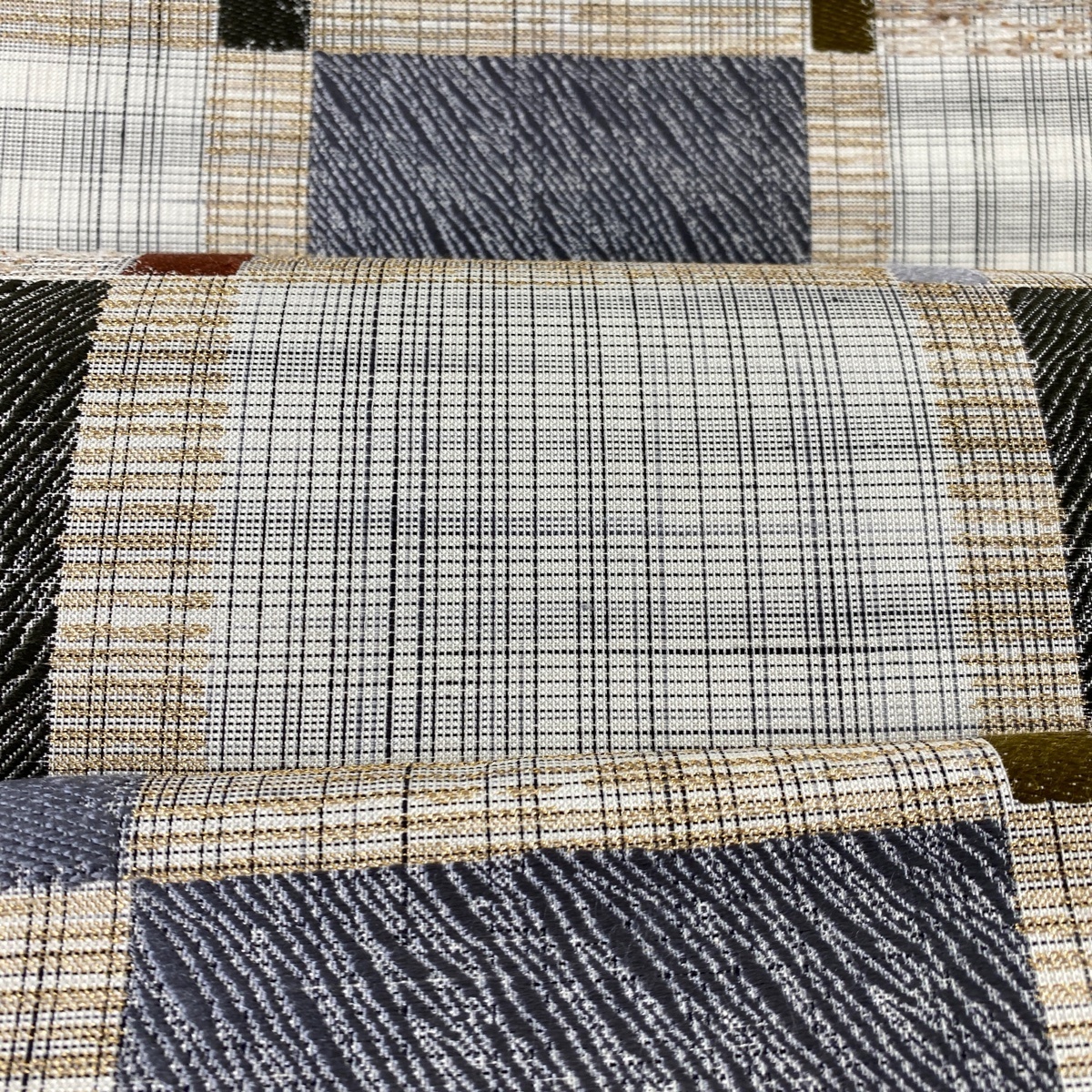 袋帯 美品 名品 幾何格子文様 箔 灰色 六通 正絹 【】 | www