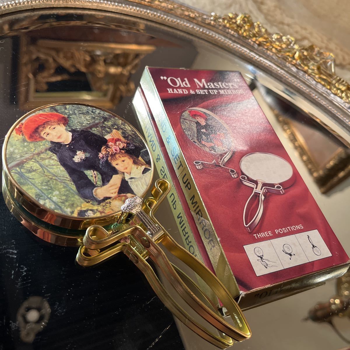  hot water cloth . antique unused teto Vintage hand mirror stand mirror runowa-ru terrace. sisters brass Gold European 