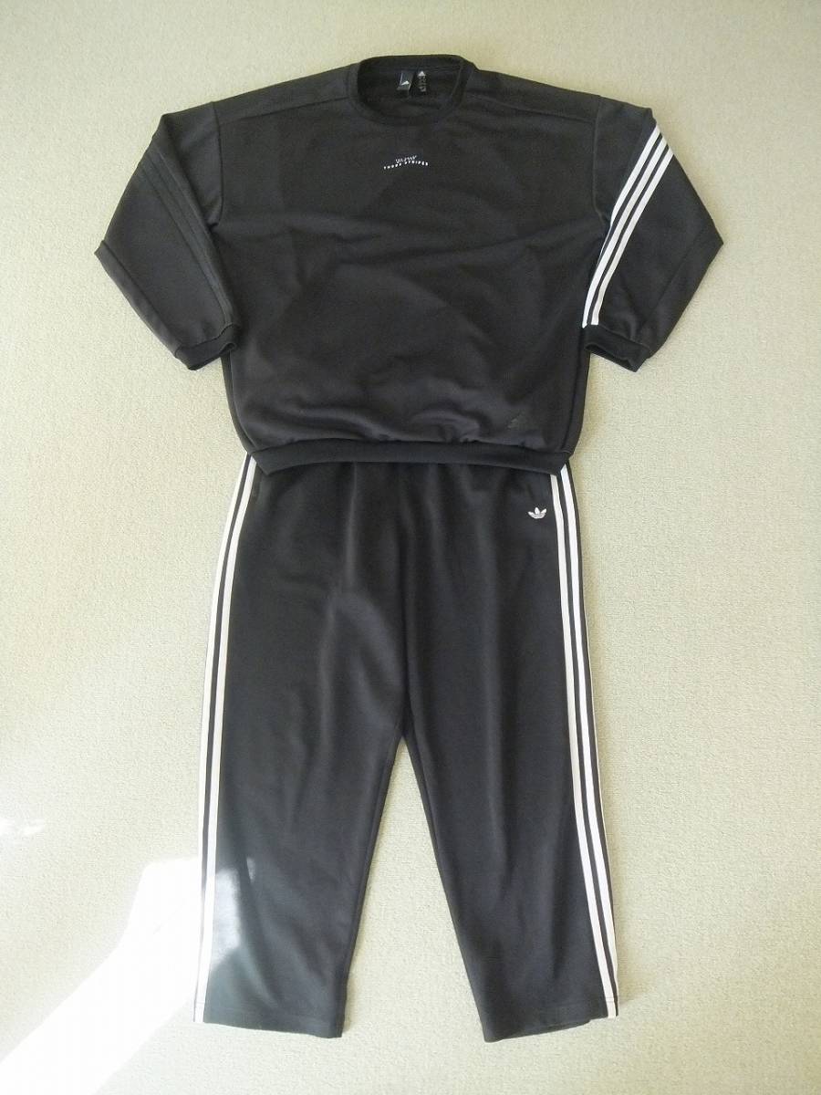 希少 adidas 3stripes 白黒 モノトーンコーデ 上下 ワイドフィット セットアップ ジャージ スウェット プルオーバー パンツ 2XO O XL