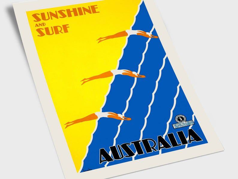 Sunshine & Surf Australia 1930 travel poster art poster interior poster goods swimming sea scenery Vintage poster 