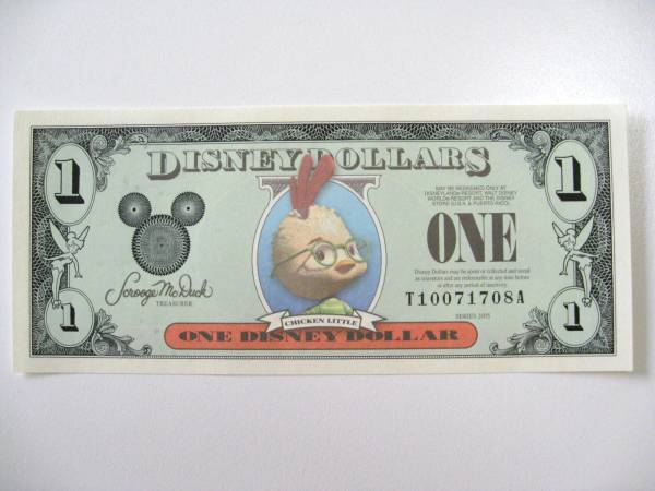 ディズニーダラー　1ドル札（2005年版） $1 紙幣　チキンリトル Disney Dollars_画像1