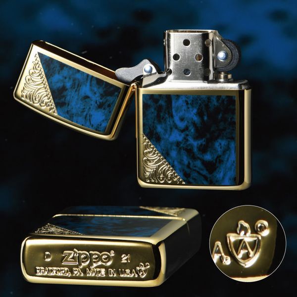 ZIPPO(ジッポー) ゴールドメッキ 真鍮 エッチング アーマー ベネチアン ブルー 青 両面加工 音が良い 風防付き 永久保証_画像7