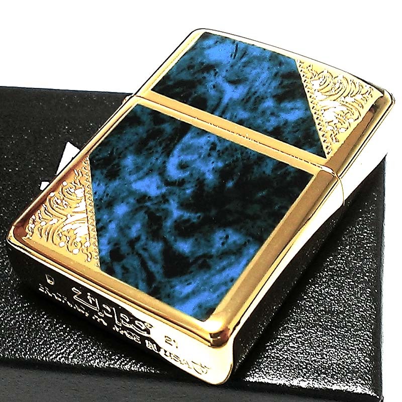 ZIPPO(ジッポー) ゴールドメッキ 真鍮 エッチング アーマー ベネチアン ブルー 青 両面加工 音が良い 風防付き 永久保証_画像3