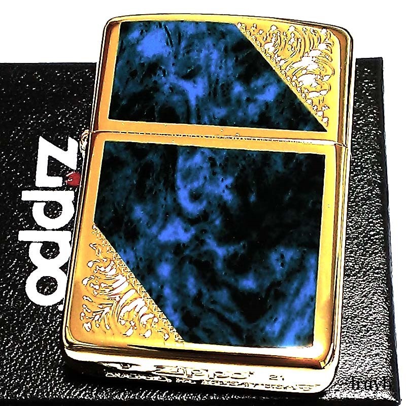 ZIPPO(ジッポー) ゴールドメッキ 真鍮 エッチング アーマー ベネチアン ブルー 青 両面加工 音が良い 風防付き 永久保証_画像1