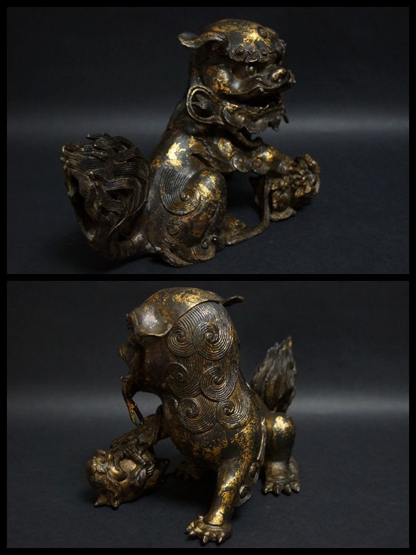 83%OFF!】 明治期 古銅鍍金 金工細工 絡み親子獅子 大型置物 戯れ獅子