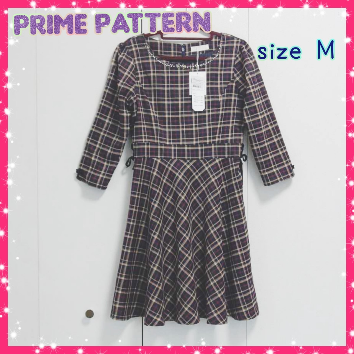 新品 ワンピース チェック PRIME PATTERN プライムパターン 7分袖  レッド 赤 M 秋冬 大人可愛い デート 女子