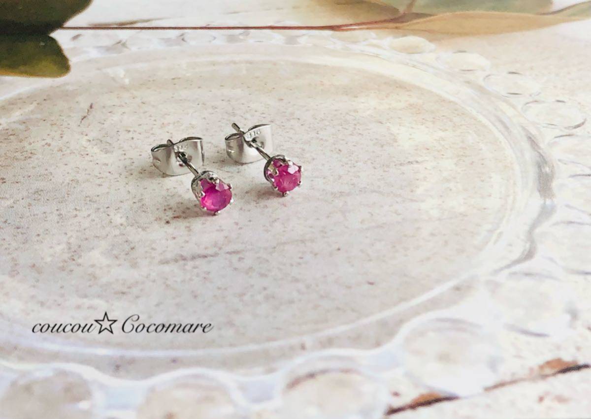  limited amount mo The n Beak production natural stone ruby. earrings & ring. set [ surgical stainless steel ]