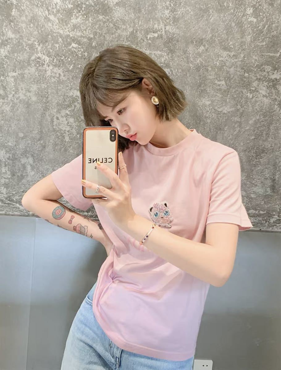 可愛いビーズ刺繍ピンク色綿TシャツSサイズ