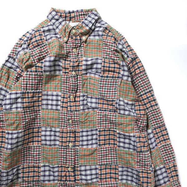 90's Jクルー J.CREW マドラスチェック パッチワーク ボタンダウンシャツ (L) インド綿 コットン 長袖 90年代 旧タグ オールド