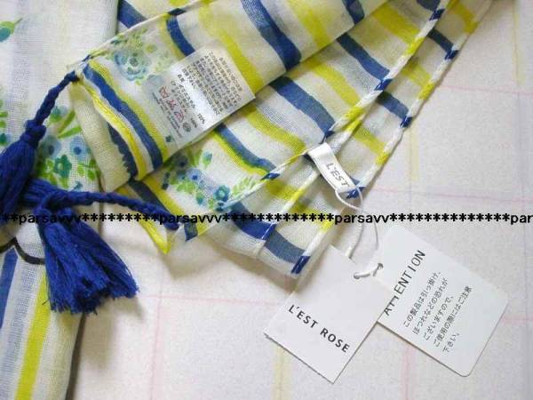  tag equipped * L'Est Rose * rose & border pattern chiffon stole blue scarf 