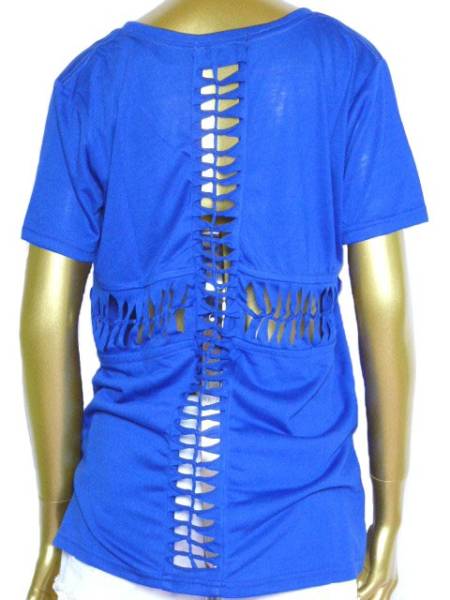 新品 AC2102 タグ付き 半袖 Tシャツ バック編み上げTシャツ 背中空きTシャツ トップス ブルー 青 フリーサイズ_画像2