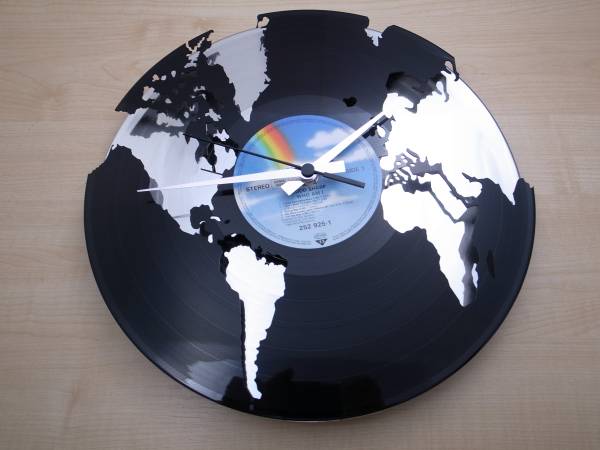 レコード盤クロック●WORLD　世界地図●イタリア製●ディスコクロック・ダブルデッカー・コレクション●シルバー