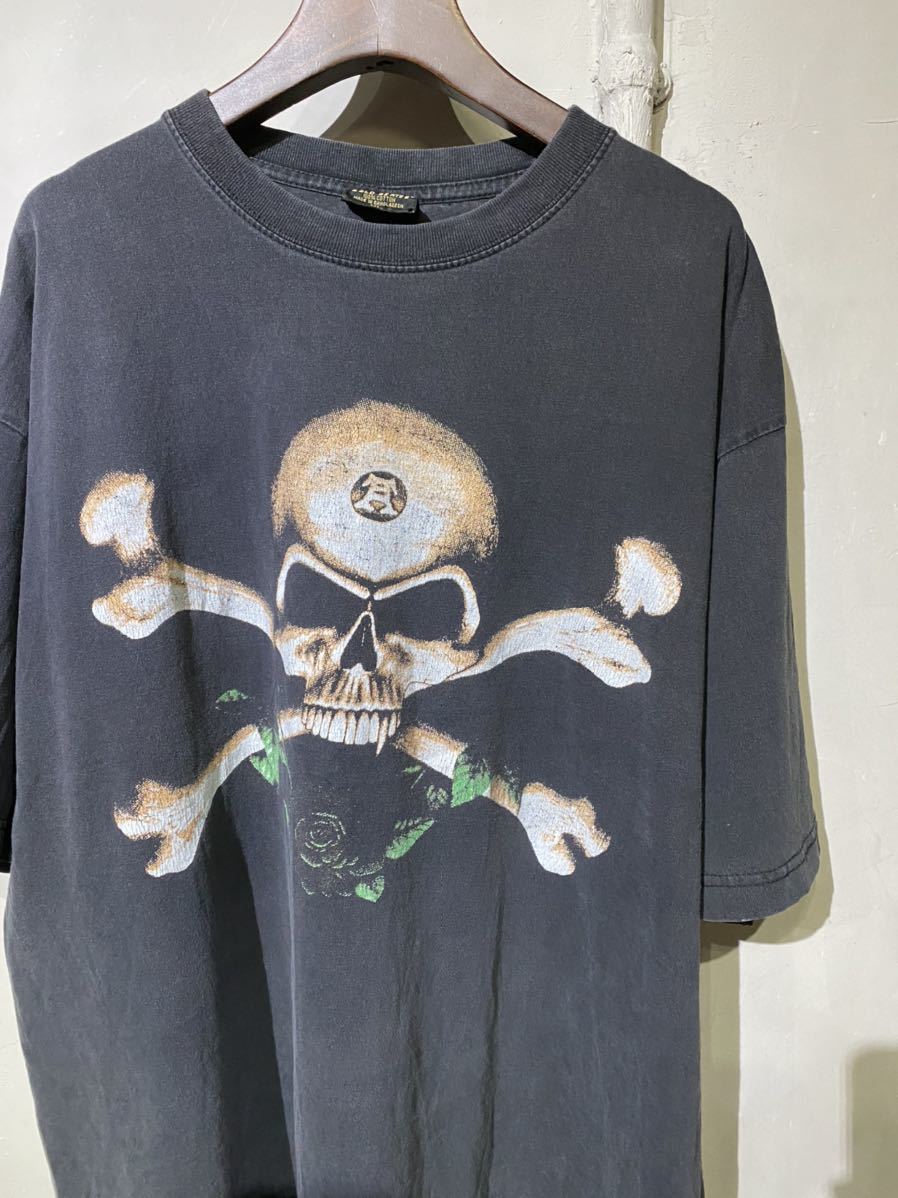 【即決】90-00s ドクロ プリントTシャツ t-shirt 半袖 ブラック 黒 XL 古着 90年代 00年代 バンT ヴィンテージ ビンテージの画像1