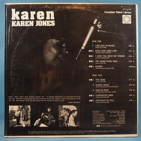 ■シュリンク美品! B5がACID FOLK! ★KAREN JONES/KAREN★CANADIAN TALAENT LIBRARYレコ! オリジナル名盤■_画像2