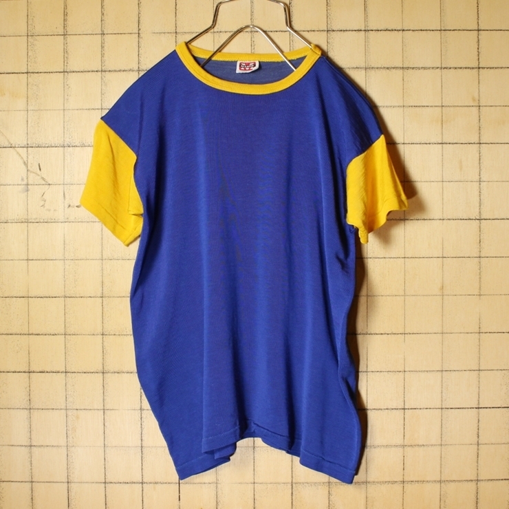 60s 70s USA製 MASON バックプリント 半袖 レーヨン Tシャツ ブルー イエロー メンズXS相当 レディースS相当 LIONS CLUB アメリカ古着_画像1