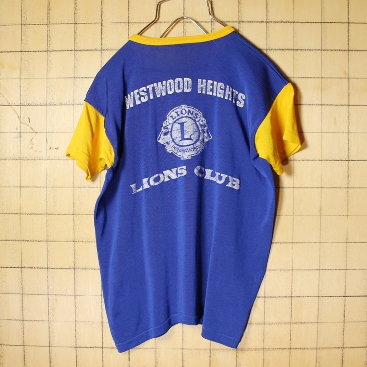 60s 70s USA製 MASON バックプリント 半袖 レーヨン Tシャツ ブルー イエロー メンズXS相当 レディースS相当 LIONS CLUB アメリカ古着_画像4