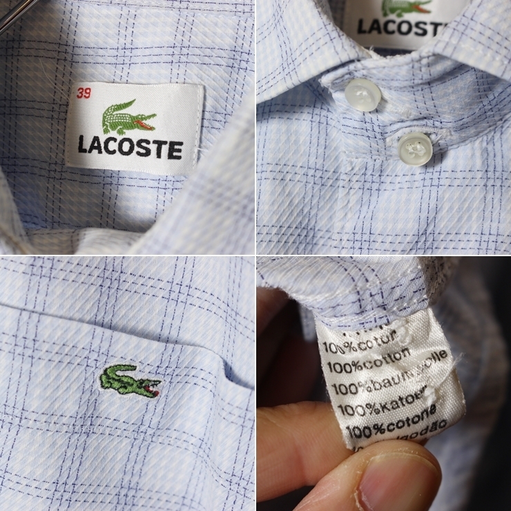 フレンチラコステ Lacoste 長袖 チェック シャツ ブルー ホワイト メンズM相当 ヨーロッパ古着_画像2