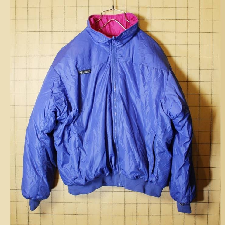 80s-90s Columbia コロンビア ナイロン リバーシブル ダウンジャケット ブルー パープル レディースXL メンズL相当 古着 ブルゾン