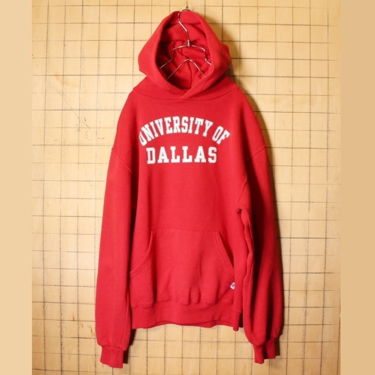 RUSSELL ATHLETIC UNIVERSITY OF DALLAS プリント スウェットパーカー レッド メンズS フーディー ラッセルアスレティック アメリカ古着_画像1