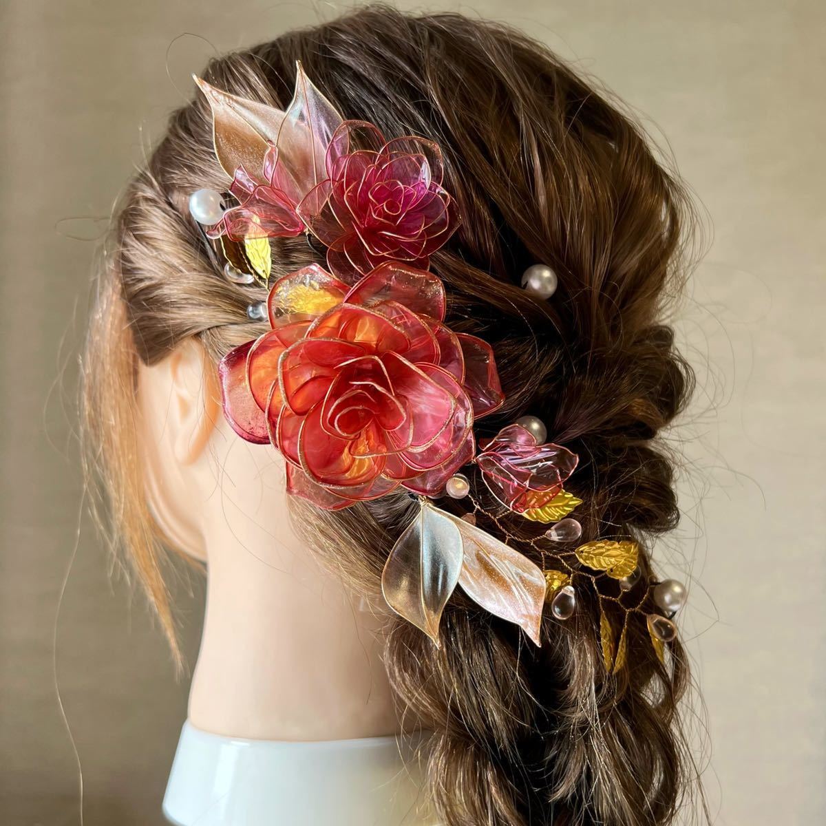 薔薇 髪飾り ヘアアクセサリー ヘッドドレス ディップアート アメリカンフラワー ワイヤー 花 結婚式 ウェディング ブライダル 成人式