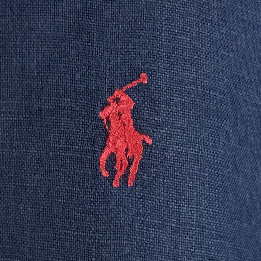 【希少】ラルフローレン 刺繍ポニー リネン ビッグサイズ BD ボタンダウン ビッグサイズ 半袖シャツ ネイビー 紺色 XL 90s アメカジ 古着