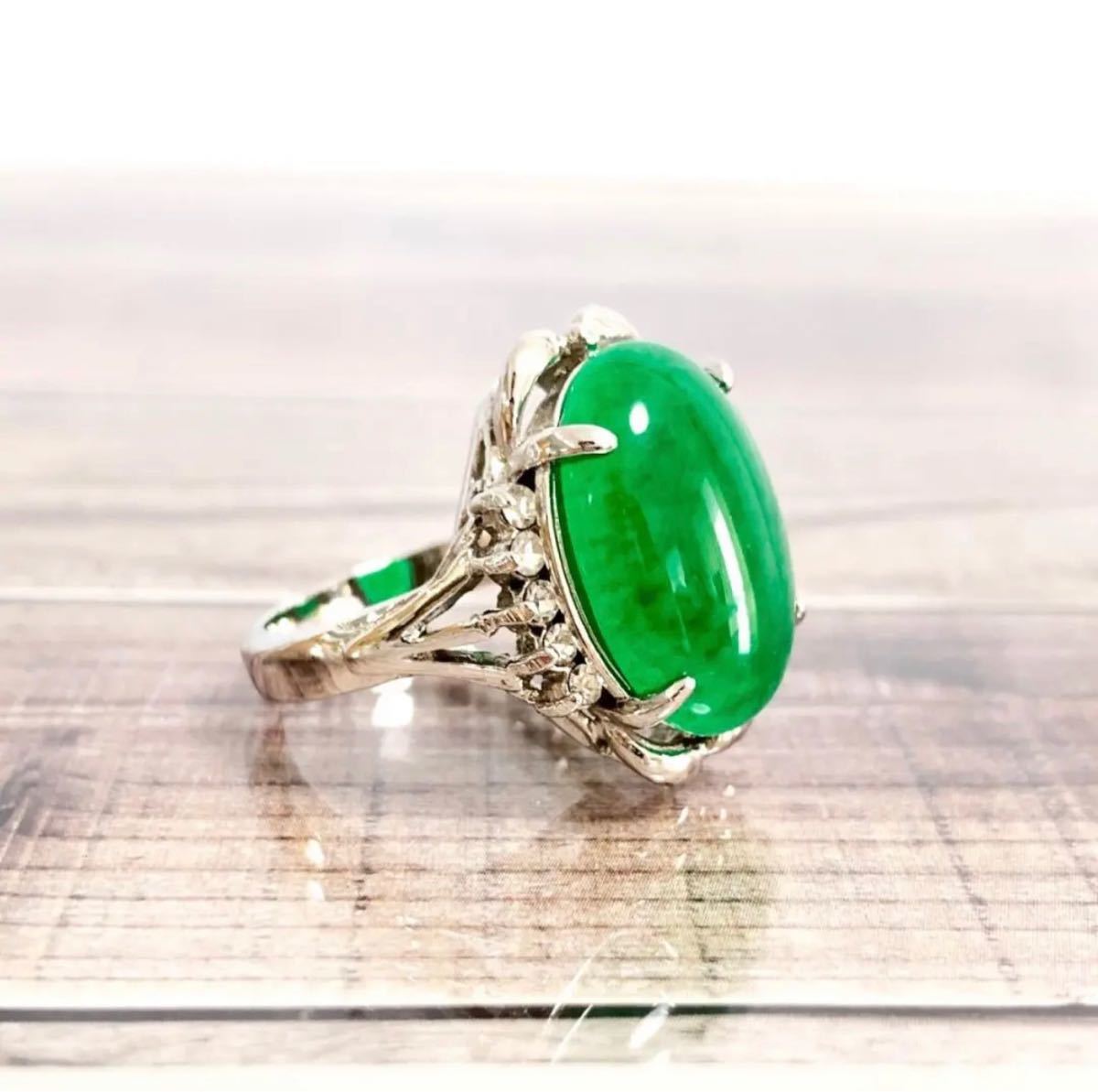 昭和レトロ　緑色天然石付　銀指輪　リング SILVER 500 刻印 ヴィンテージ　コレクション　15号_画像2