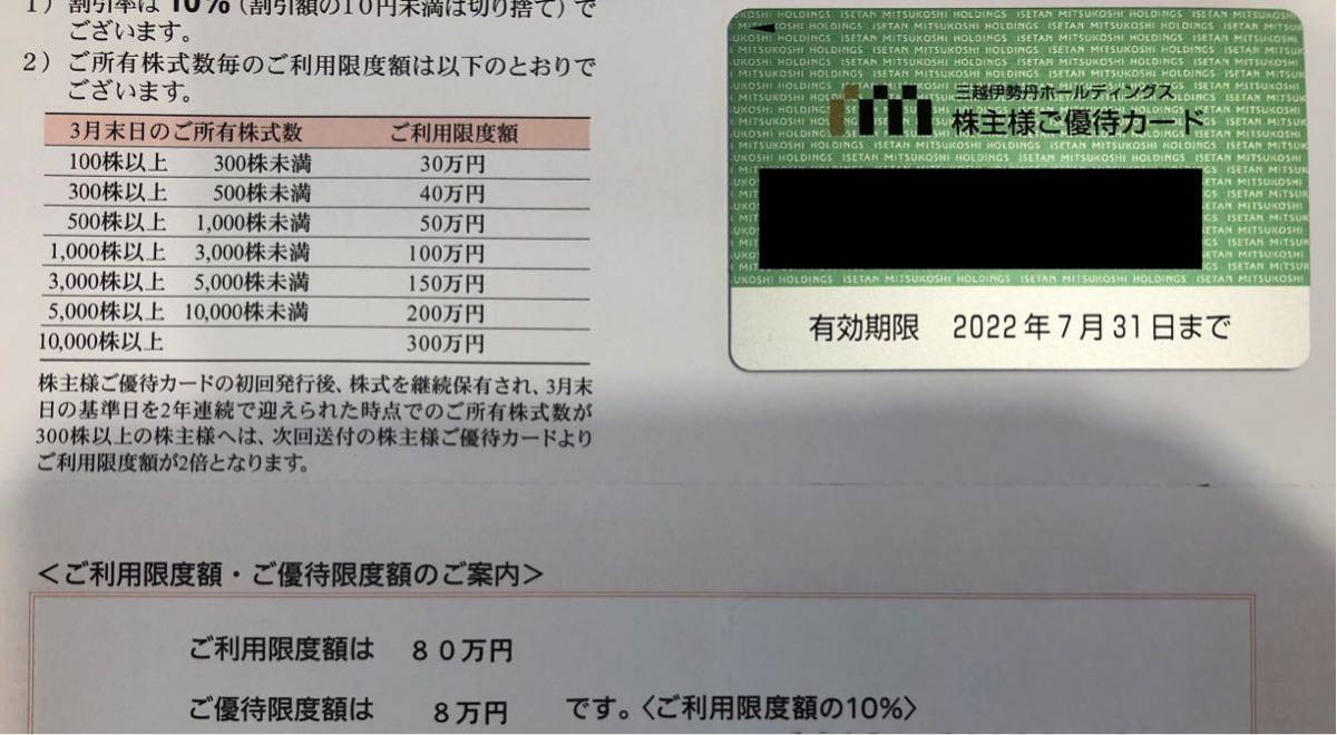 ネコポス送料込即決！三越伊勢丹 株主優待カード 利用限度額80万円（優待限度額8万円）