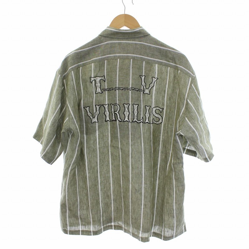 トーガ TOGA VIRILIS シャツ 半袖 ストライプ バック刺繍 麻 リネン 46