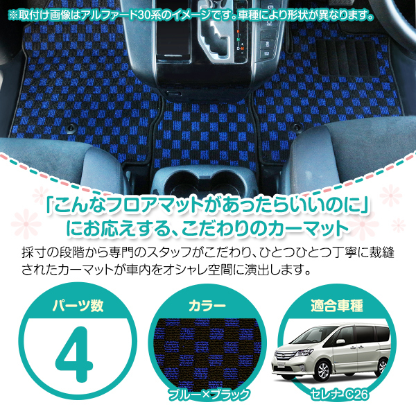 【日本製】 日産 セレナ / スズキ ランディ C26 サイド ステップ マット サイドマット ブラック×ブルー チェック エントランスマット_画像2