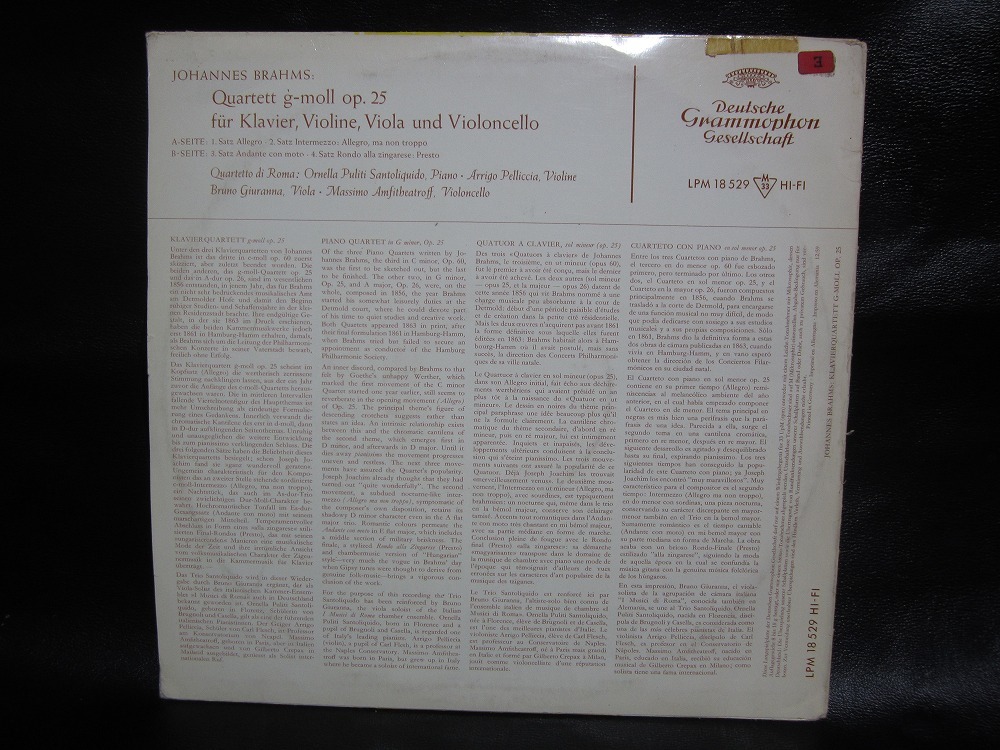 ★☆LPレコード Brahms Quartett g-moll Op.25 fur Klavier Violine Viola und Violomcello LPM18529 中古品☆★[4751]_画像2