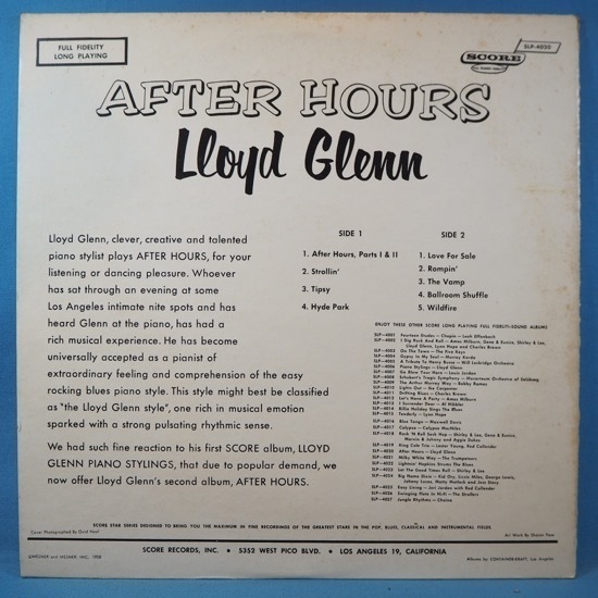 ■1958年! SCOREレコ!★LLOYD GLENN/AFTER HOURS★送料無料(条件有り)多数出品中!★オリジナル名盤■_画像2