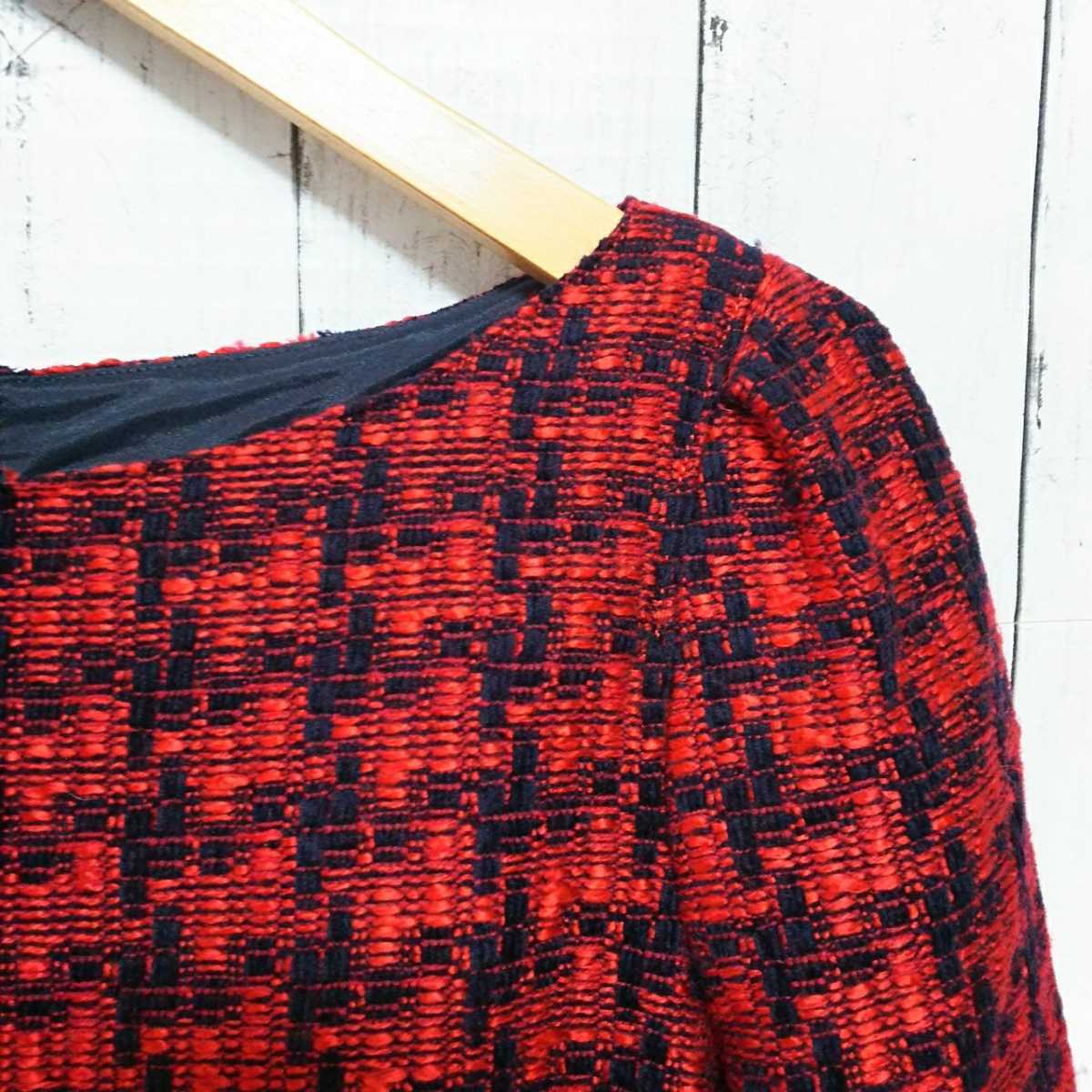 F463UL*JILL STUART Jill Stuart * size 4 M rank One-piece red × navy lady's bai color unusual material tweed cloth dressing up 