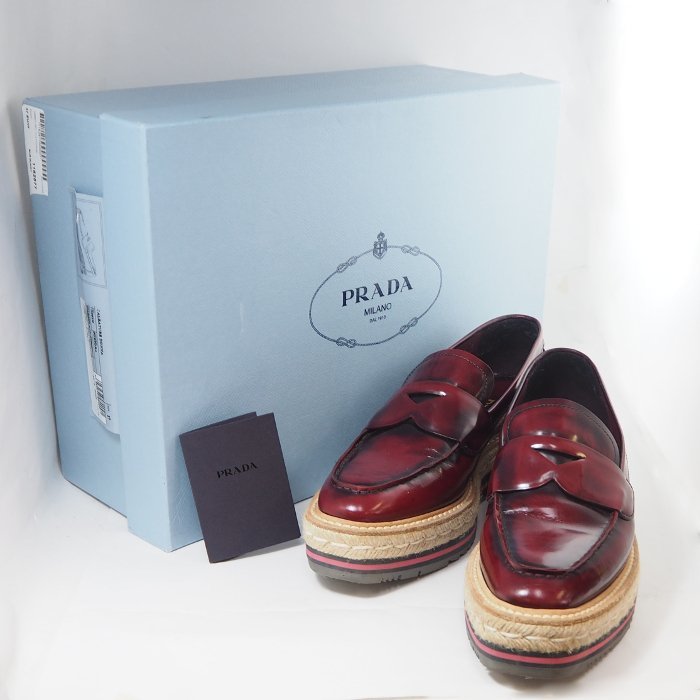 値下げ PRADA プラダ レザー 厚底 ローファー シューズ 37 ボルドー
