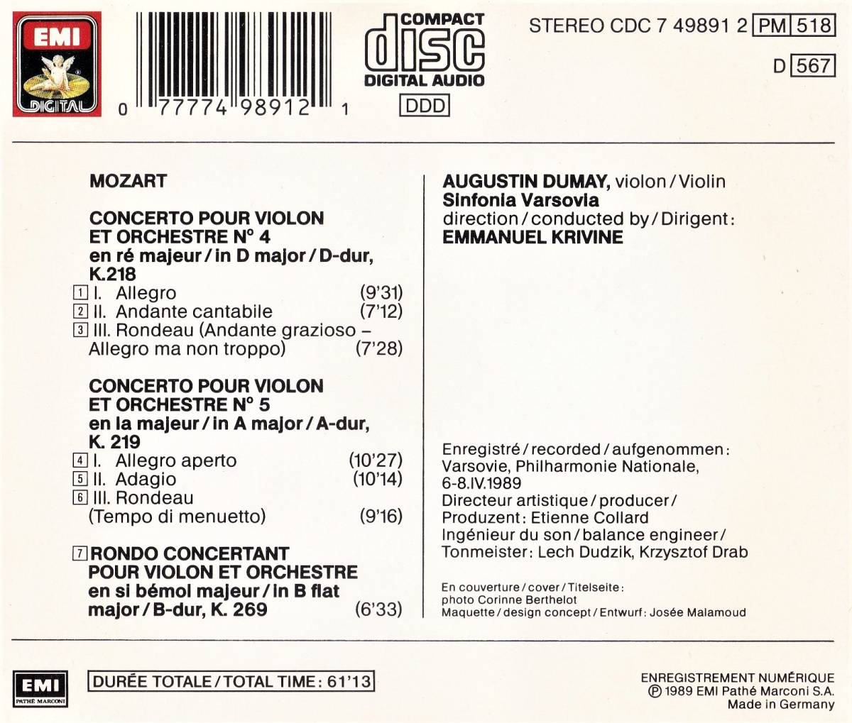 廃盤超希少 初期独盤 オーギュスタン・デュメイ モーツアルト ヴァイオリン協奏曲 第4番 第5番 ロンド K.269_画像2
