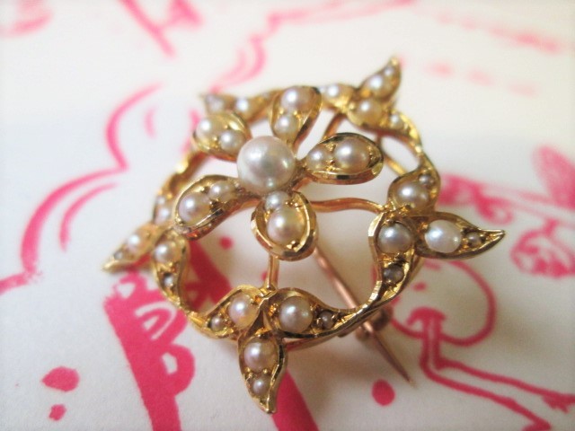  antique *15 gold *si-do pearl *. flower * brooch * pendant * England 